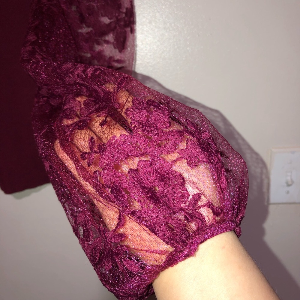 Peach crewneck Ribbed sweater burgundy size large Puffy Floral Sheer Lace sleeve - Picture 5 of 9